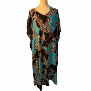 Antthony Black‎ & Teal Boho Kaftan Maxi Dress One Size Flowy Resort Style